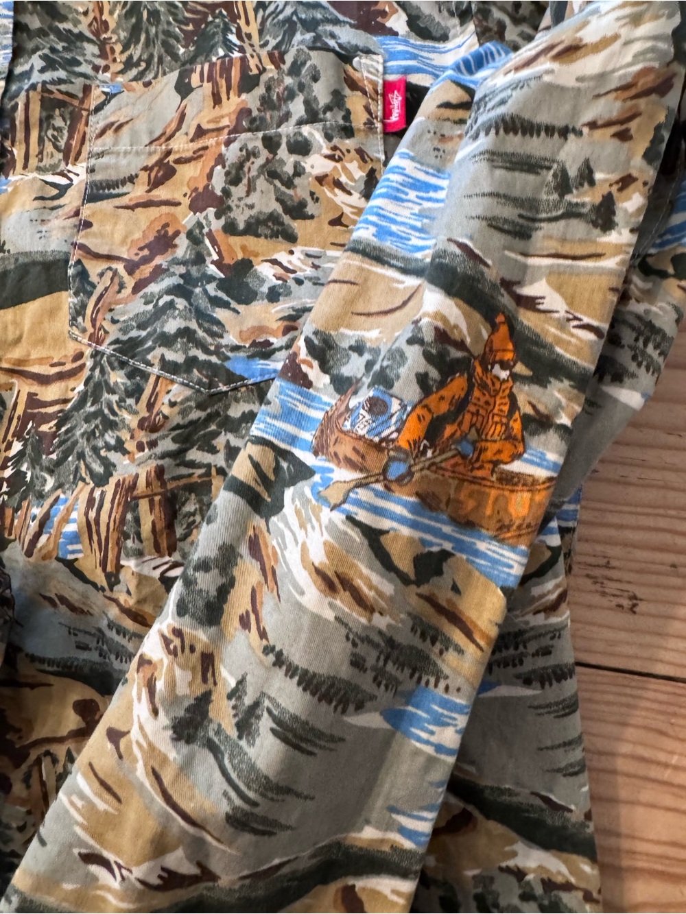 Stussy Men’s Scenic Camping Print Button-Up Shirt - Tan/Blue vintage 90’s - Picture 7 of 9